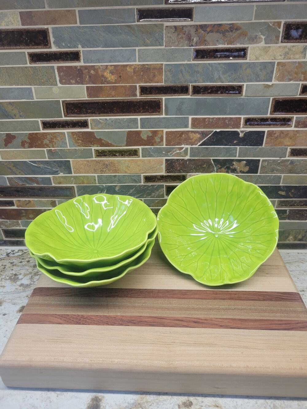 4 Vintage Metlox Poppytrail Lotus Lime Green Ceramic Cereal Bowls Mid Century